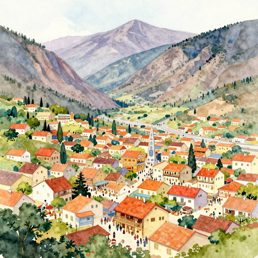 A vibrant watercolor painting of a bustling, thriving town n...