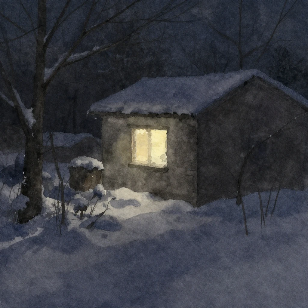 A watercolor painting of a dark, snowy winter night scene. A...