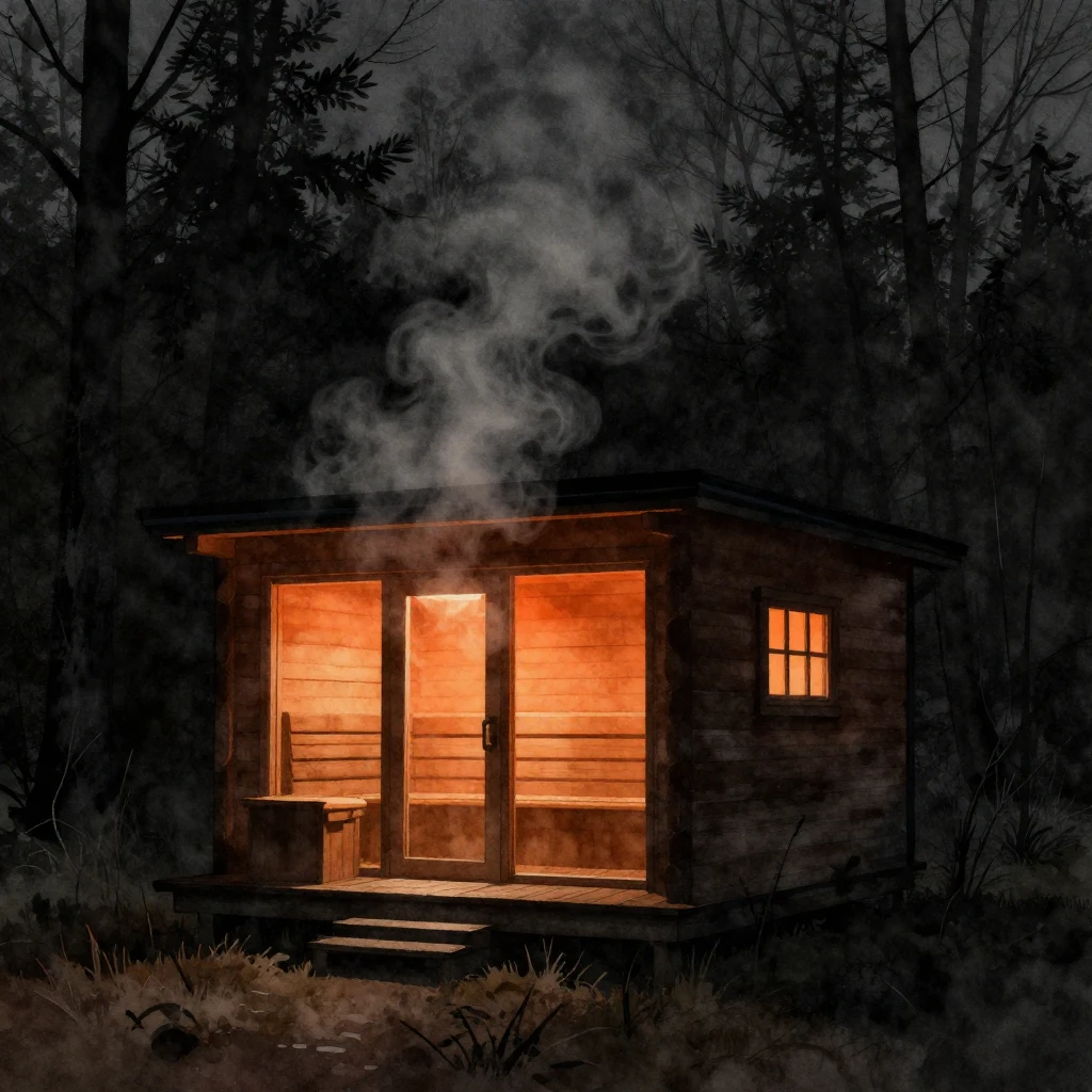 A watercolor painting of a rustic wooden sauna cabin, silhou...