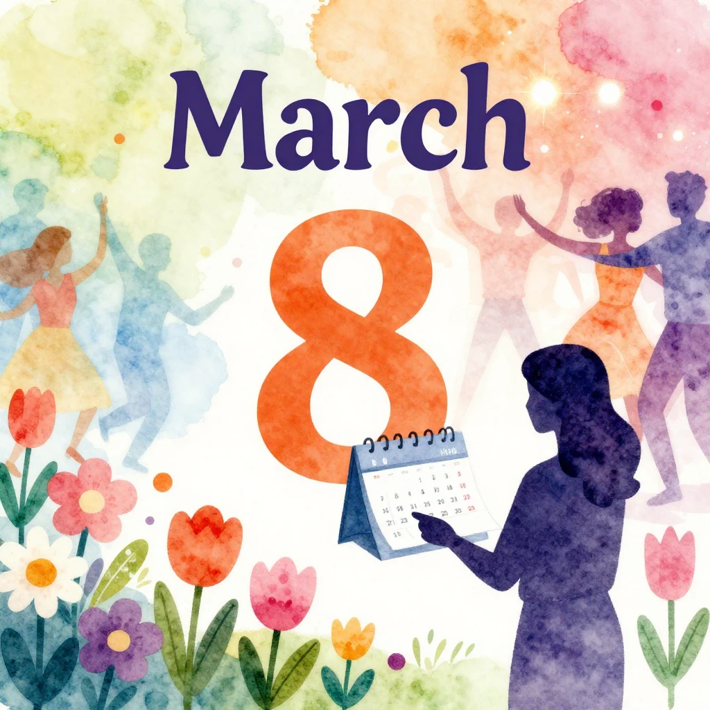 Vibrant watercolor illustration for March 8th, featuring spr...