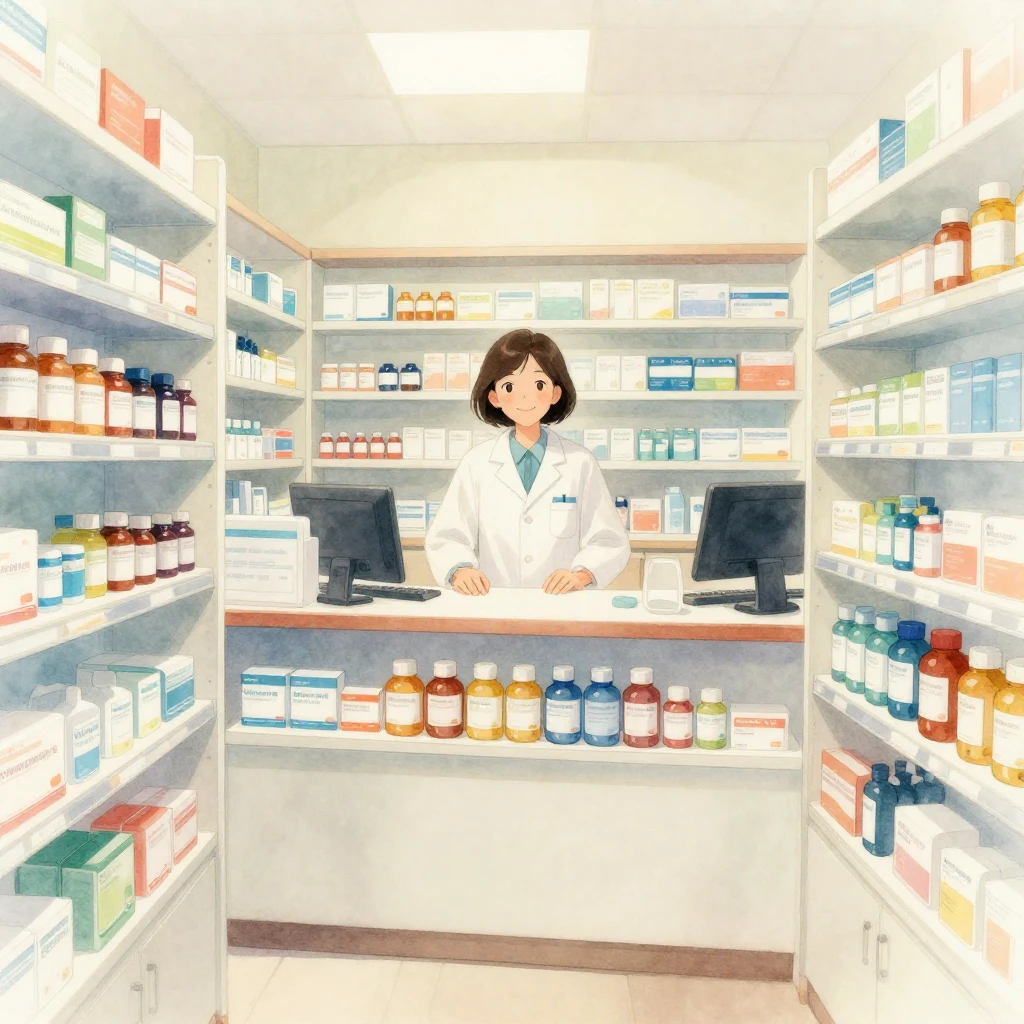 A bright, clean pharmacy interior with shelves stocked with ...