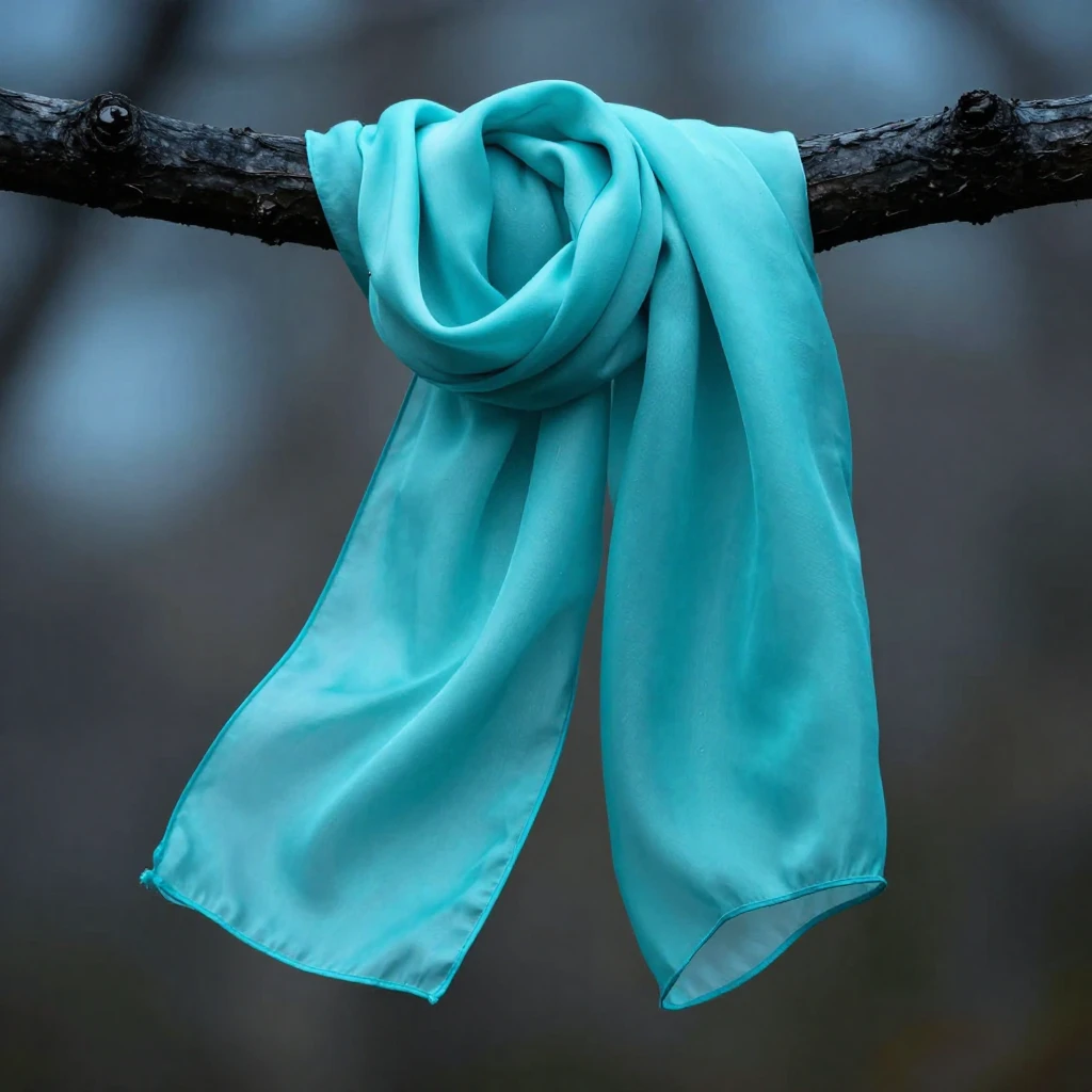 A vibrant turquoise silk scarf, gracefully flowing in a gent...