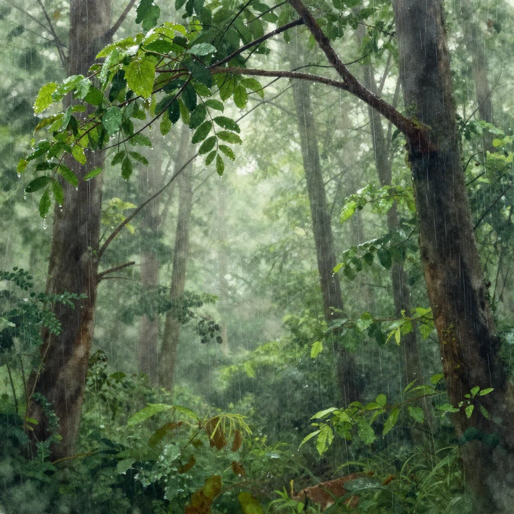 A lush, dense forest scene with rain-soaked trees, water dro...