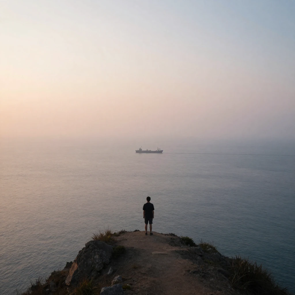 A lone figure stands on a cliff overlooking a vast, misty oc...