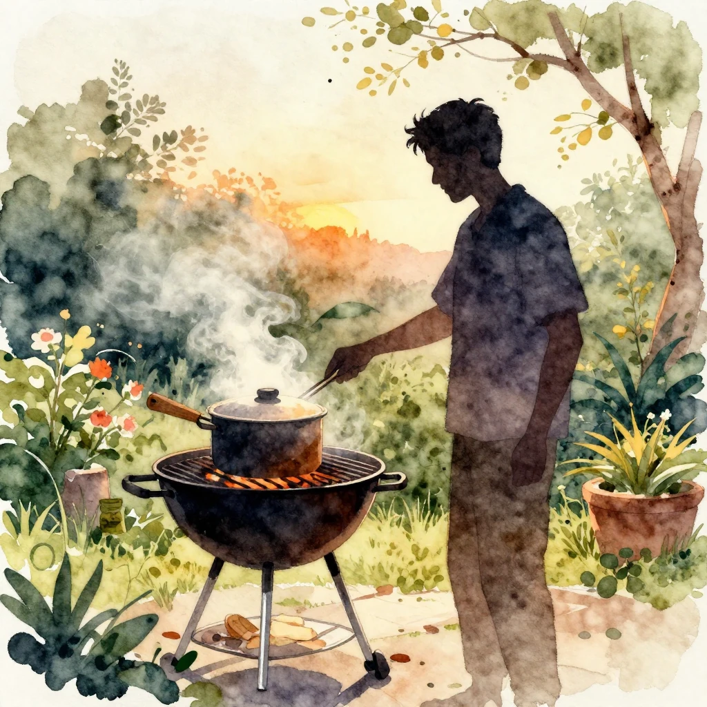 Watercolor artwork depicting a man's silhouette by a grill a...