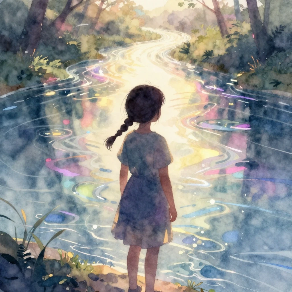 A young girl with a braid, in silhouette, standing by a myst...