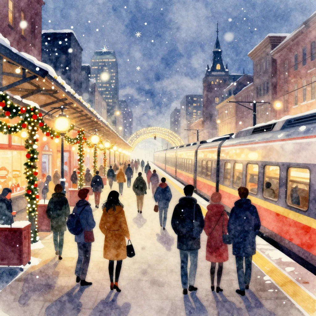 A bustling, festive train station in a snowy city, adorned w...
