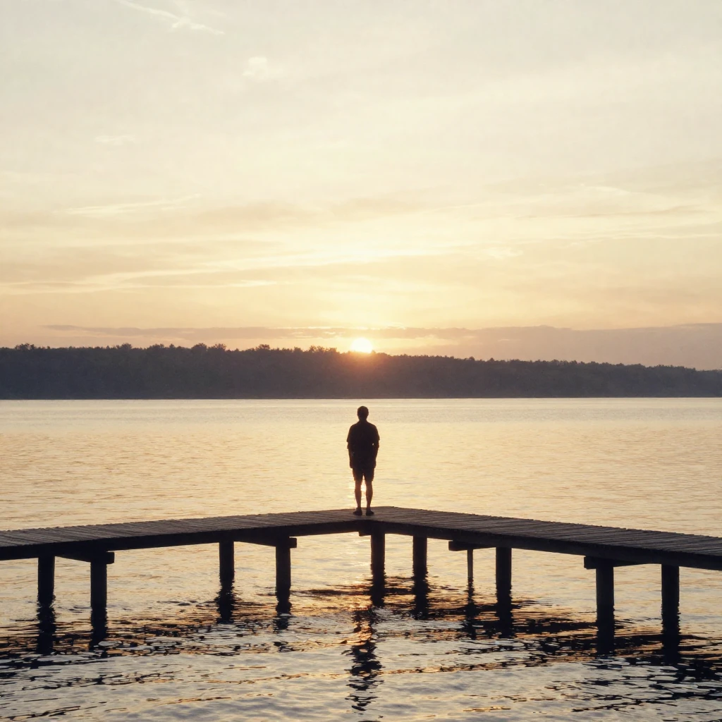 A serene morning over a calm lake, a silhouette of a person ...