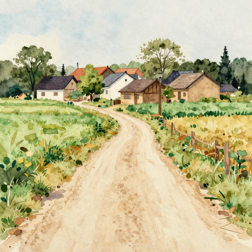 A watercolor painting of a winding dirt road leading to a sm...