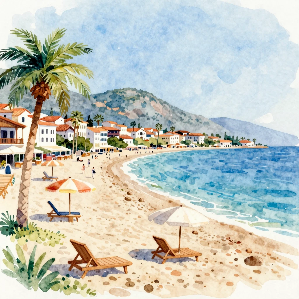 Vibrant watercolor illustration of a Turkish resort town, si...