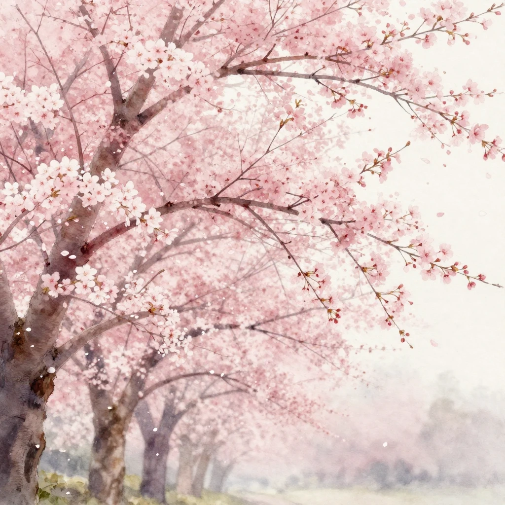A serene watercolor painting of cherry blossom trees in full...
