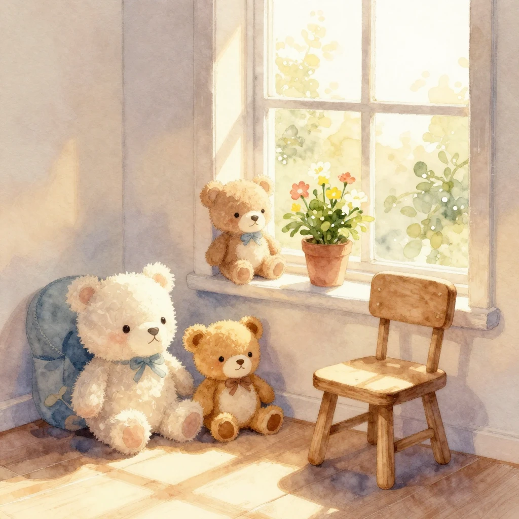 Watercolor illustration of a cozy playroom corner with soft ...