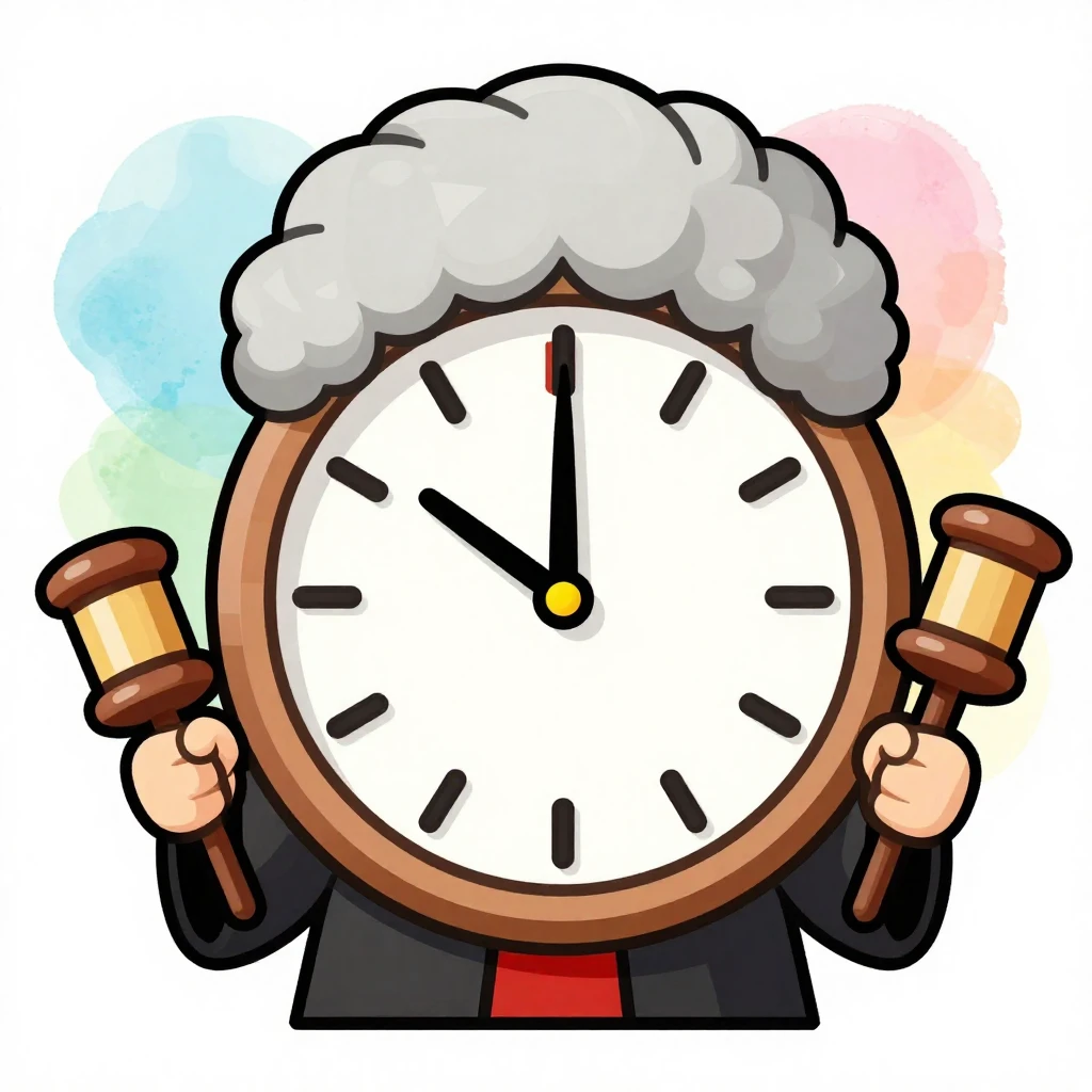 A funny cartoon clock wearing a judge's wig and holding a ga...