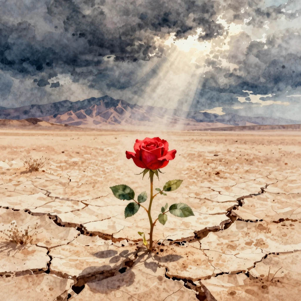 Vibrant watercolor style. A desolate, cracked desert landsca...