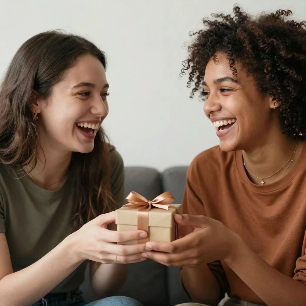 Two diverse friends sharing a joyful moment, perhaps laughin...