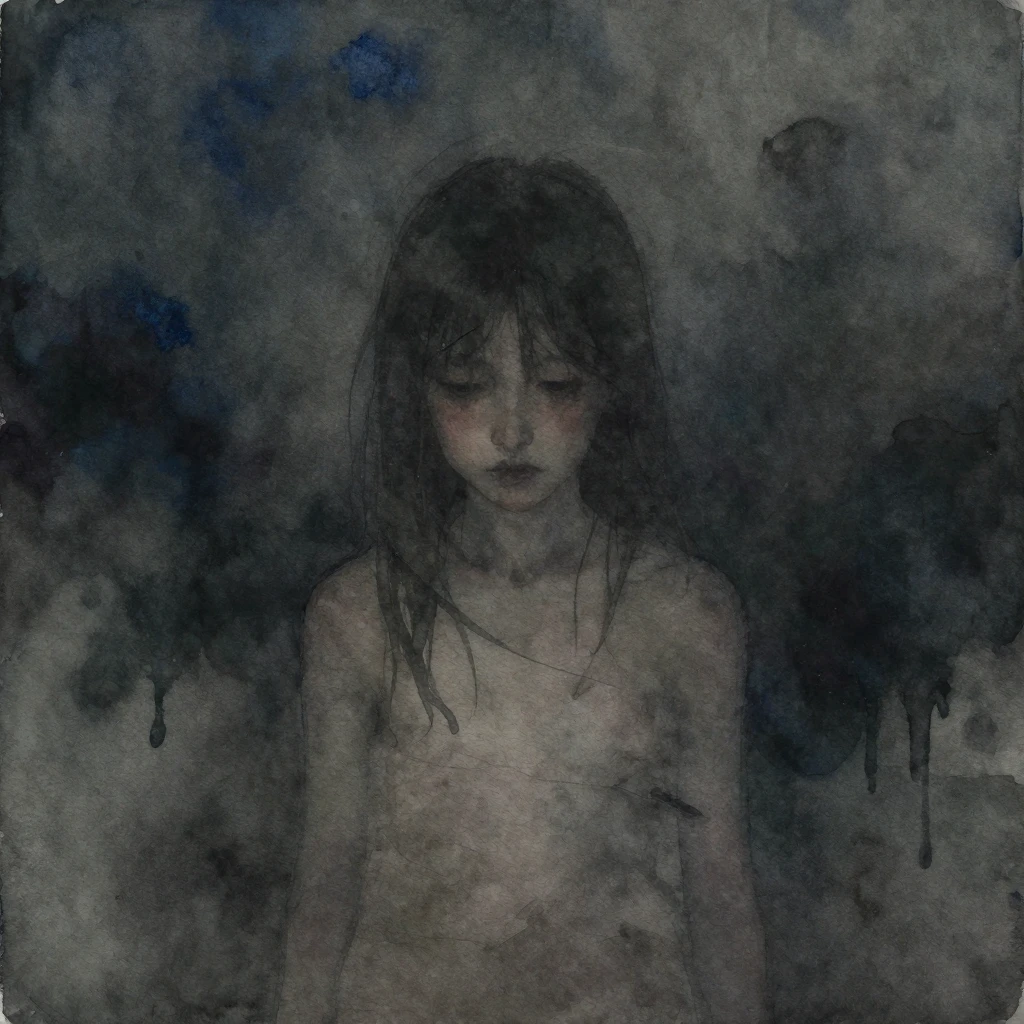 A dark, abstract watercolor painting focusing on themes of m...