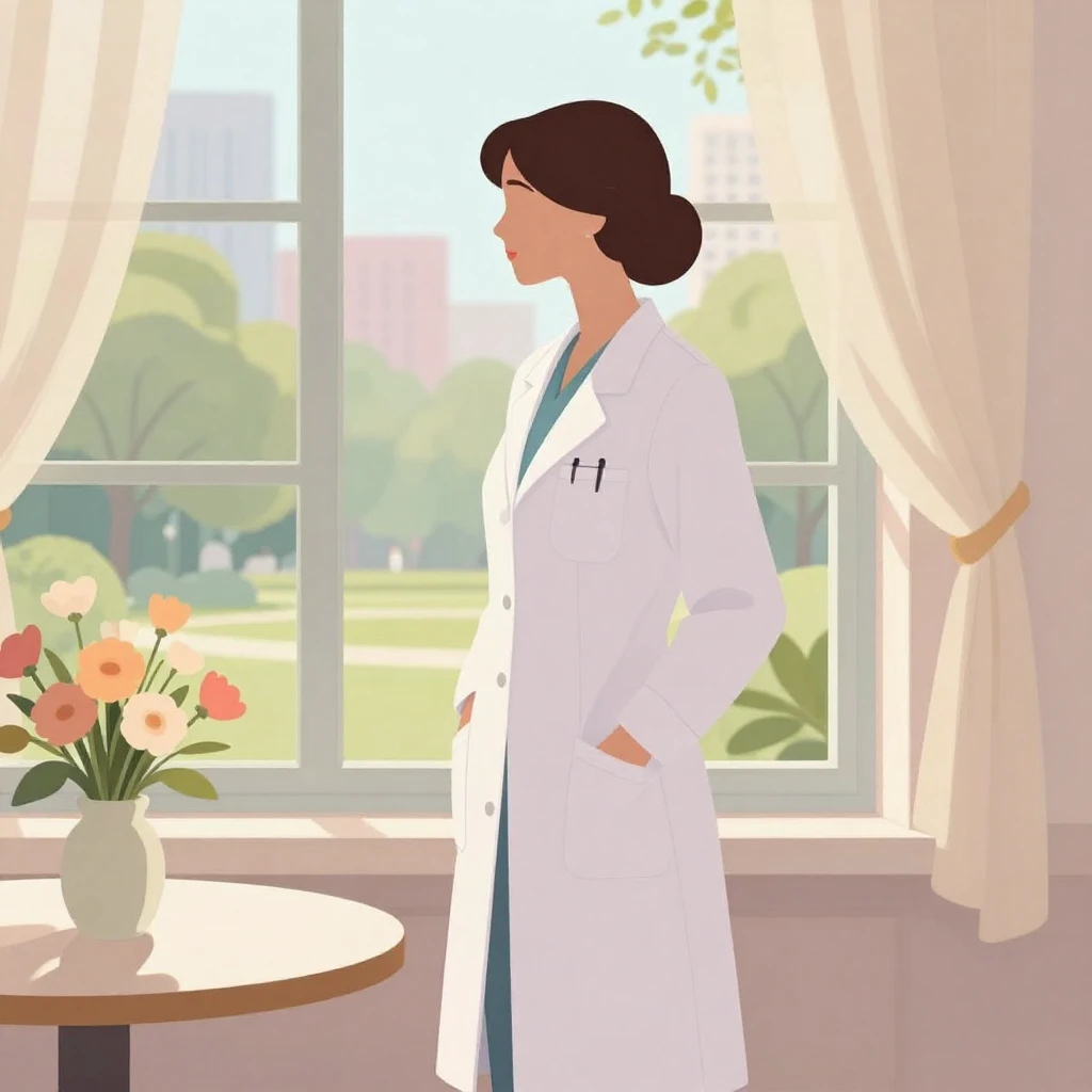 Elegant silhouette of a woman in a medical coat standing nea...