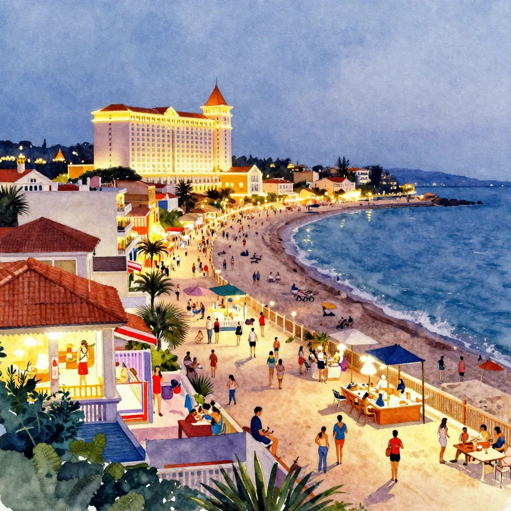 A vibrant watercolor painting of a bustling coastal resort t...