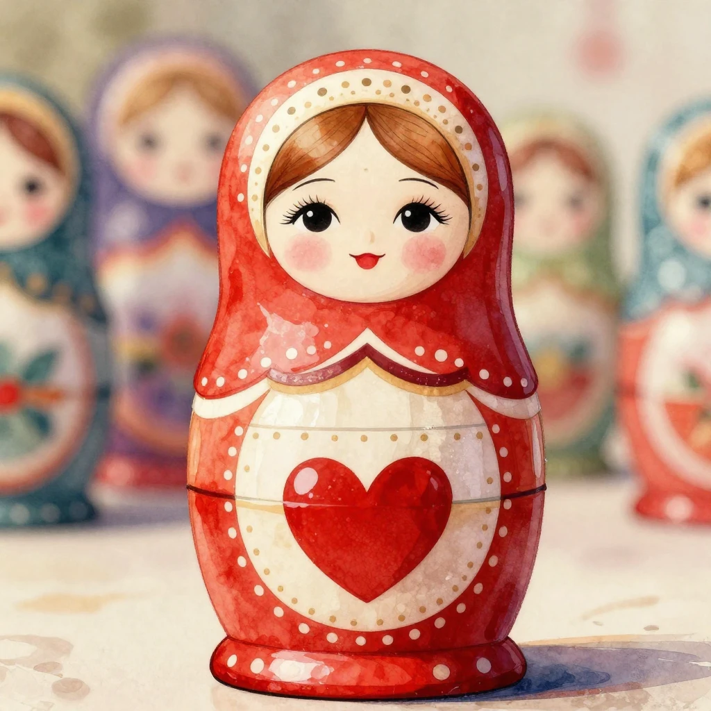 A vibrant watercolor painting of a stylized matryoshka doll ...