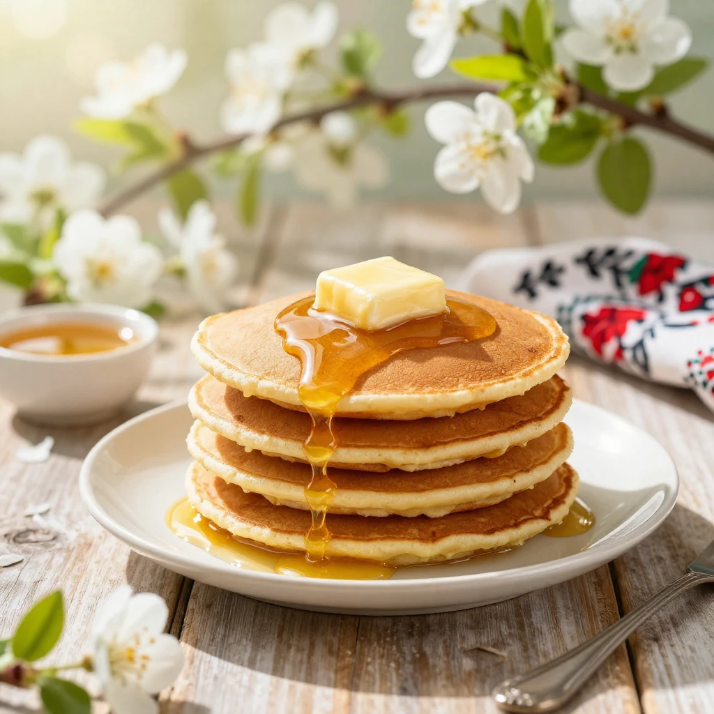 A vibrant spring breakfast scene featuring a stack of golden...