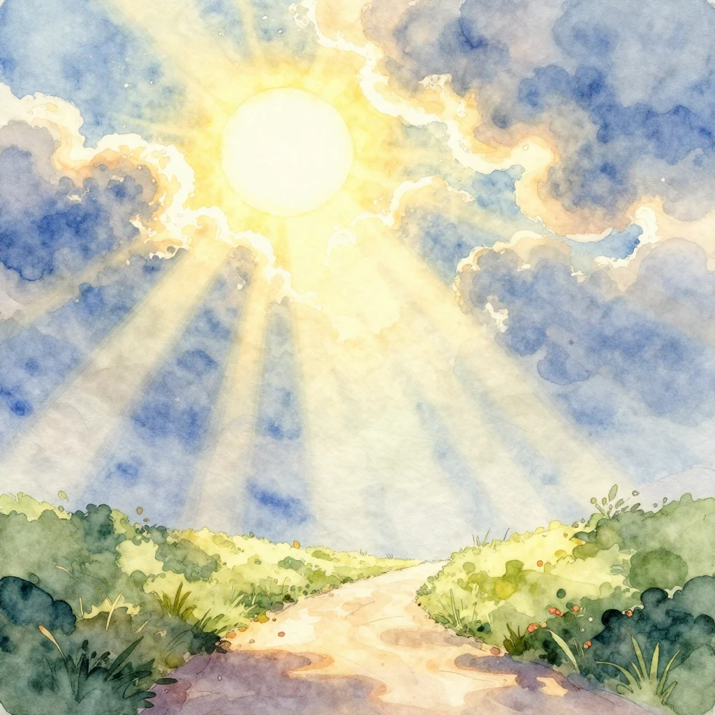 A vibrant watercolor painting depicting bright sunbeams brea...