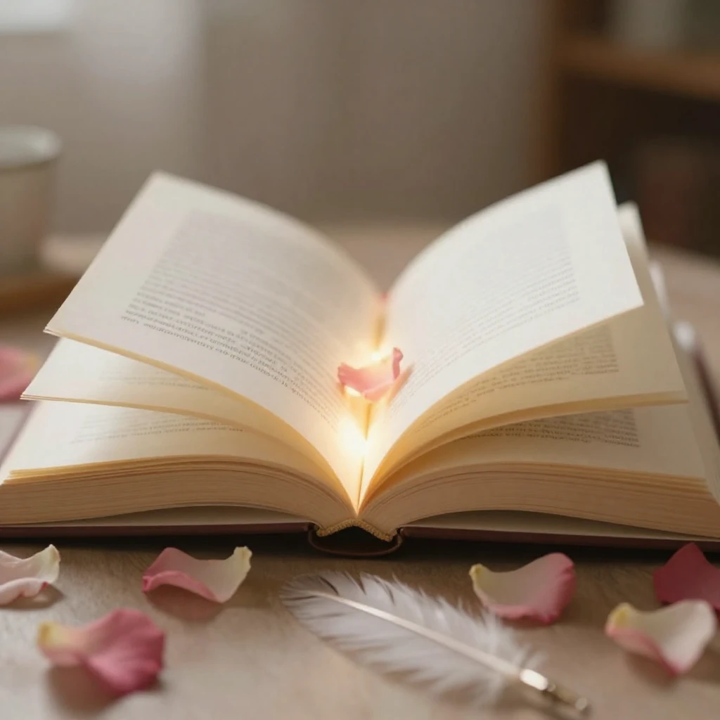 A close-up of a delicate, open book with soft, glowing light...