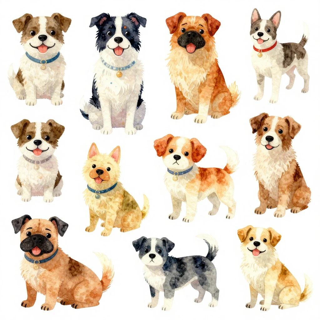 Vibrant watercolor art depicting various scenes of dogs, sho...