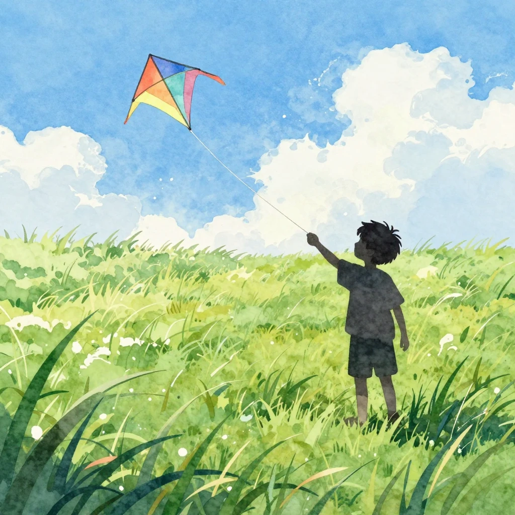 Watercolor style illustration. A silhouette of a young boy s...