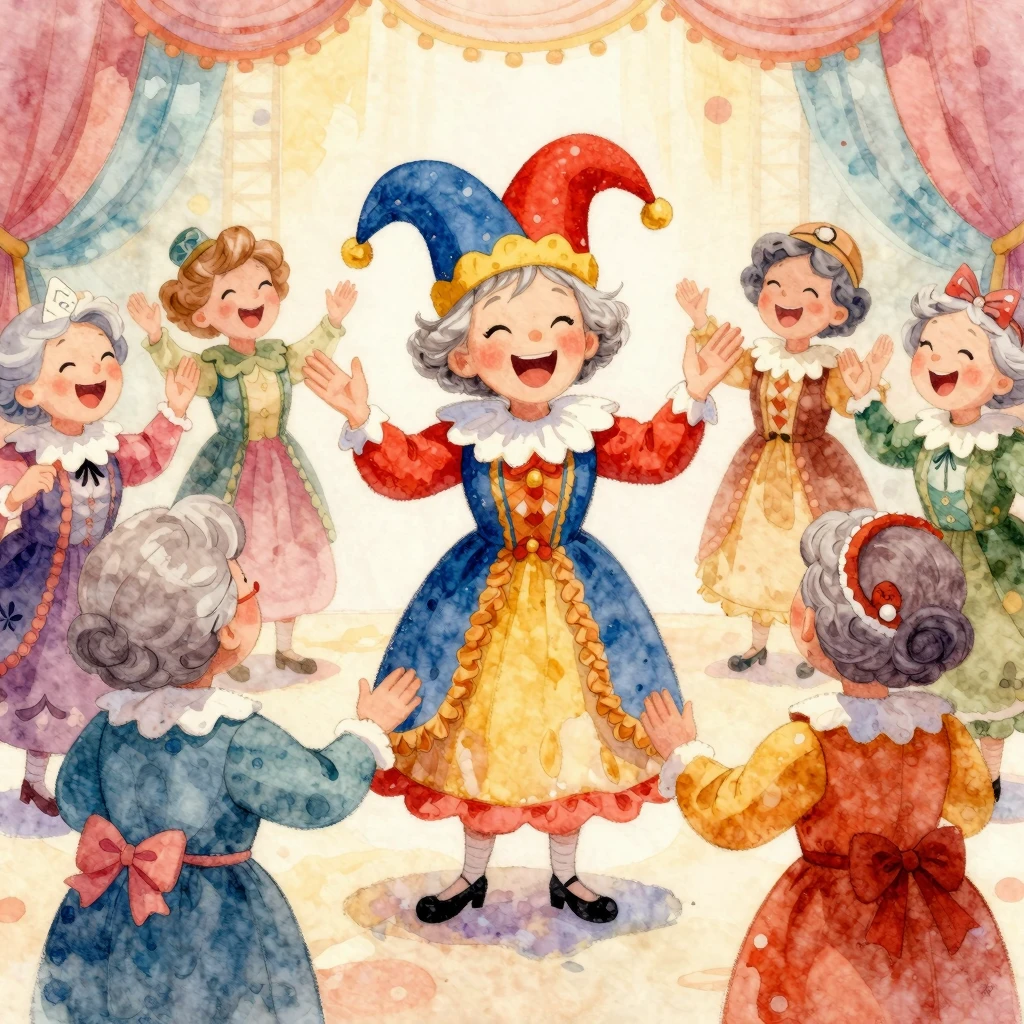 A vibrant, whimsical watercolor illustration of an old woman...
