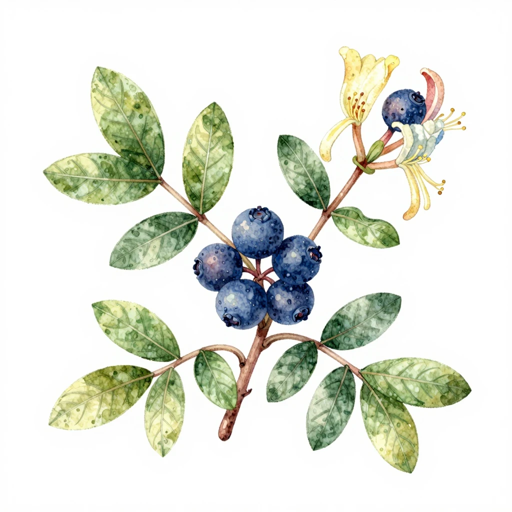 A detailed botanical illustration of a honeysuckle bush with...