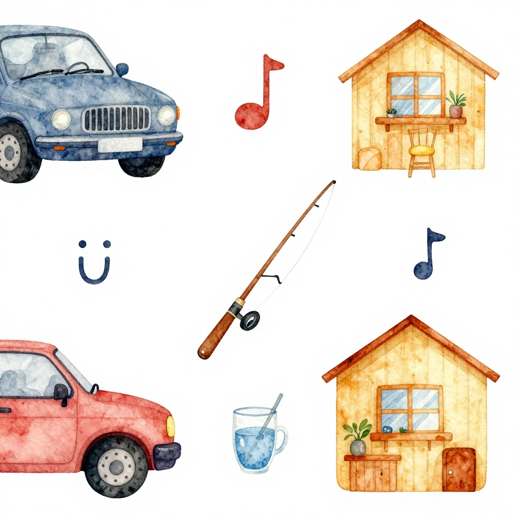 A watercolor illustration depicting symbols of simple joys a...