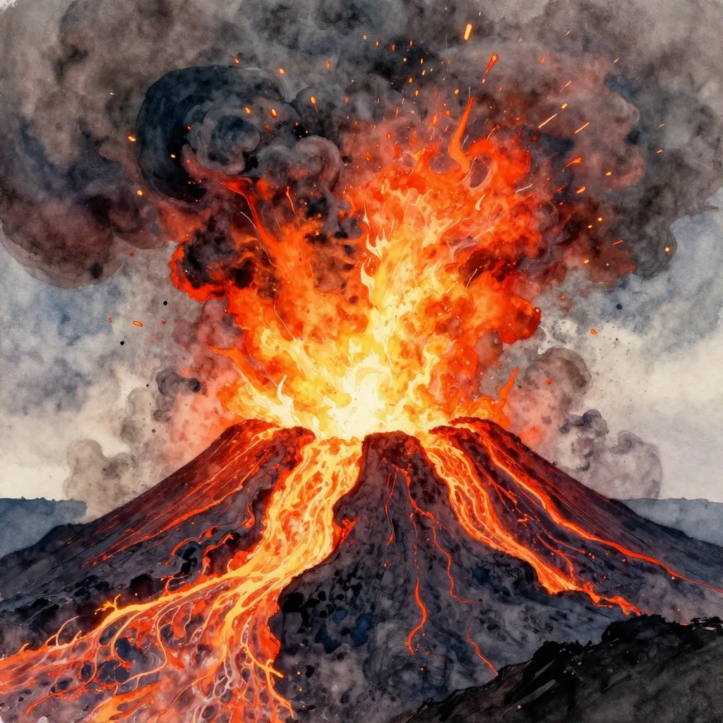 A vibrant watercolor painting depicting a powerful volcanic ...