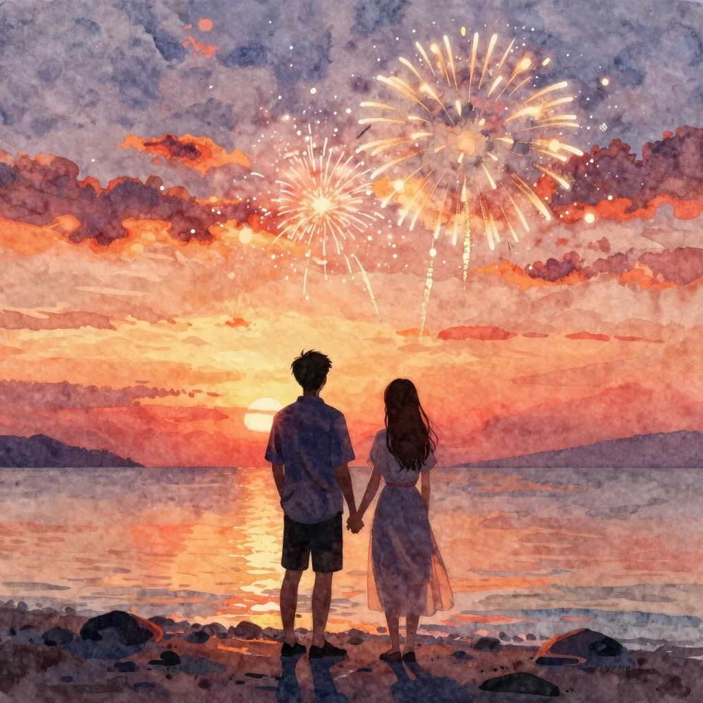 Vibrant watercolor style. Silhouette of a man standing by a ...