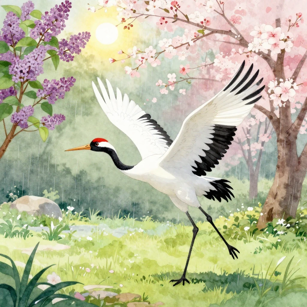 A vibrant watercolor illustration featuring a majestic crane...