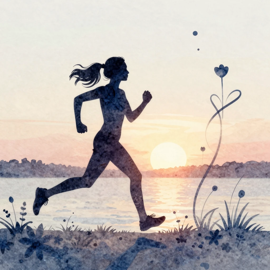 Watercolor style. A graceful silhouette of a woman running t...