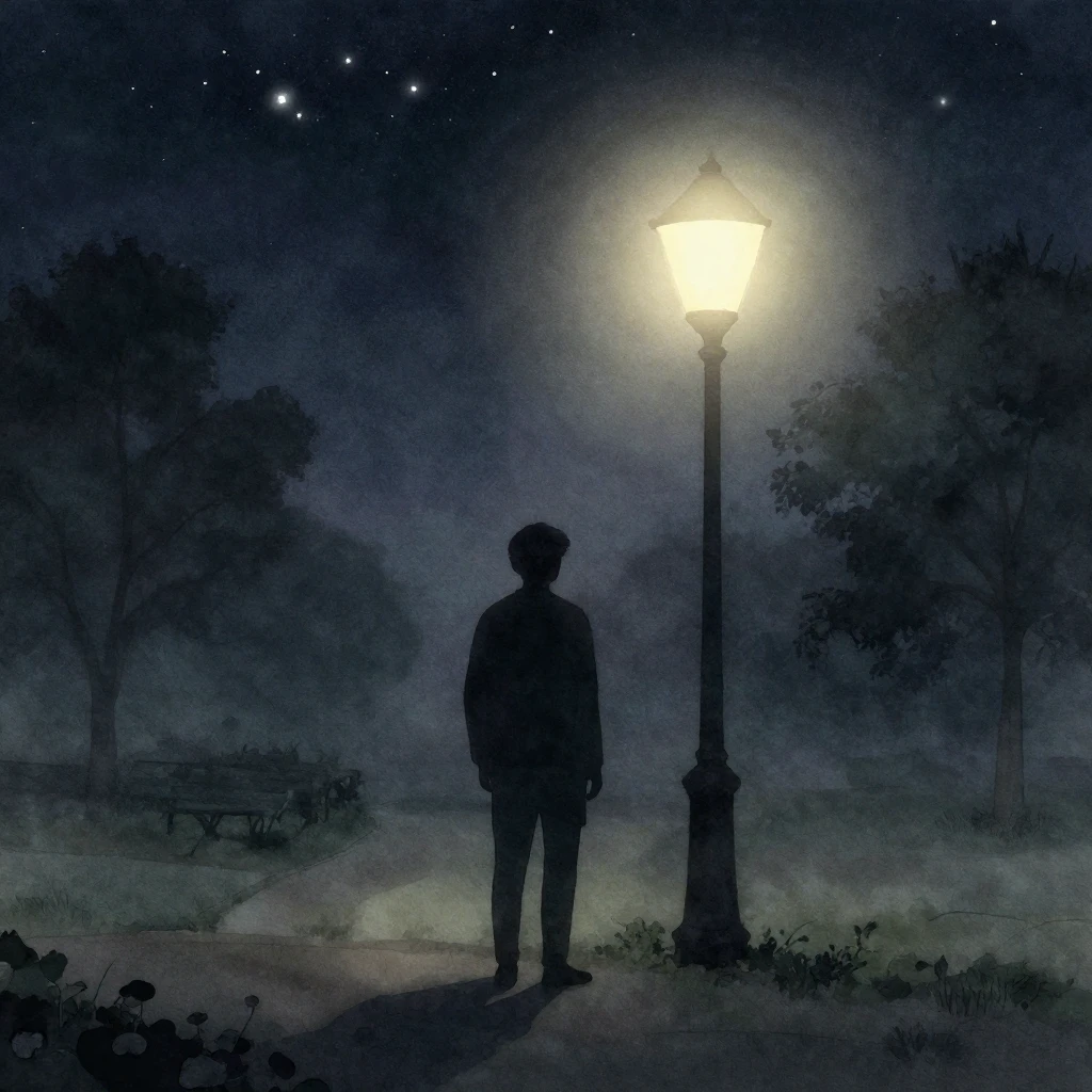 A lone silhouette stands under a softly glowing street lamp ...
