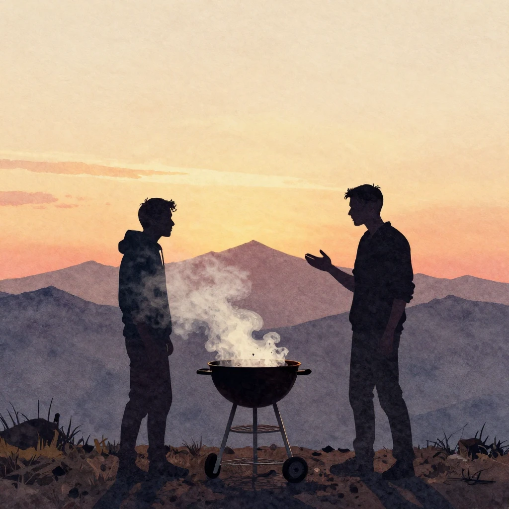 Watercolor style. Silhouette of two men arguing near a smoki...