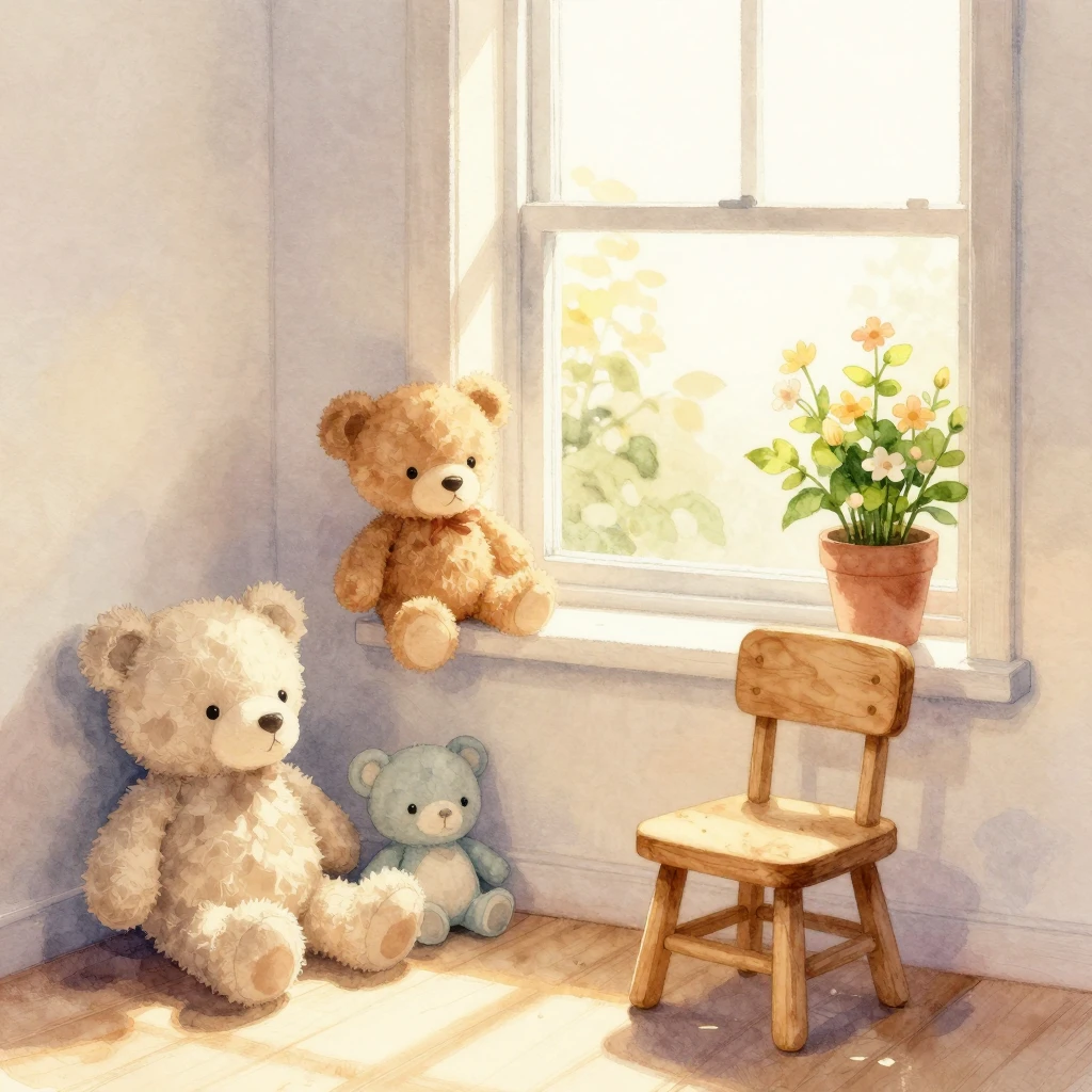 Watercolor illustration of a cozy playroom corner with soft ...