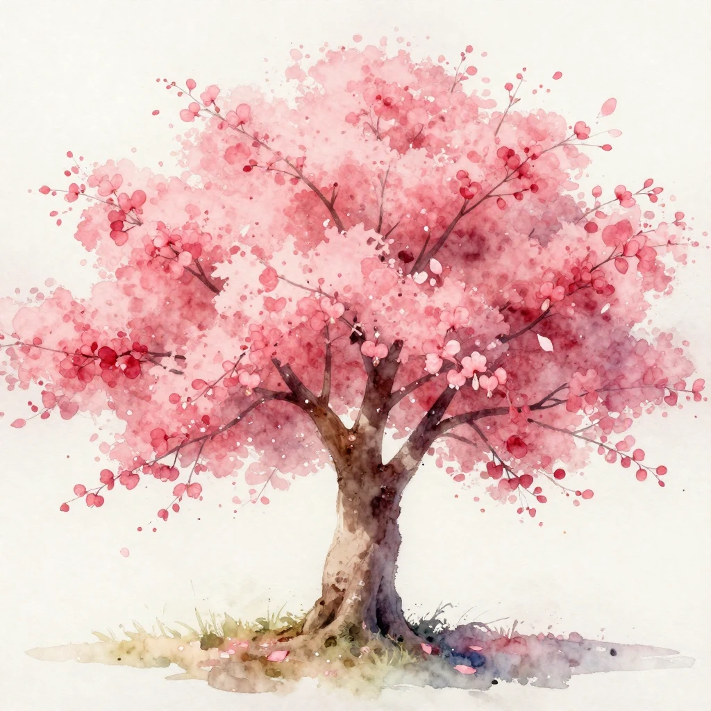 A watercolor painting of a large, spreading tree with abunda...
