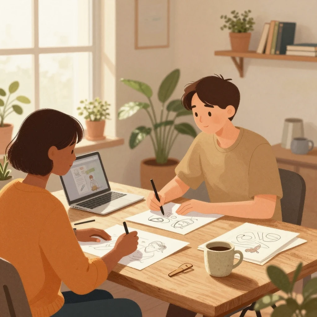 An artistic illustration of two people collaborating in a co...