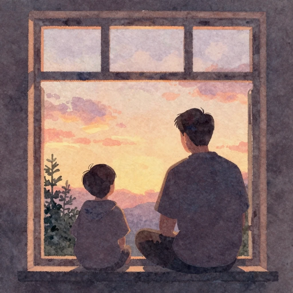 Soft watercolor illustration, father and son silhouettes, wa...
