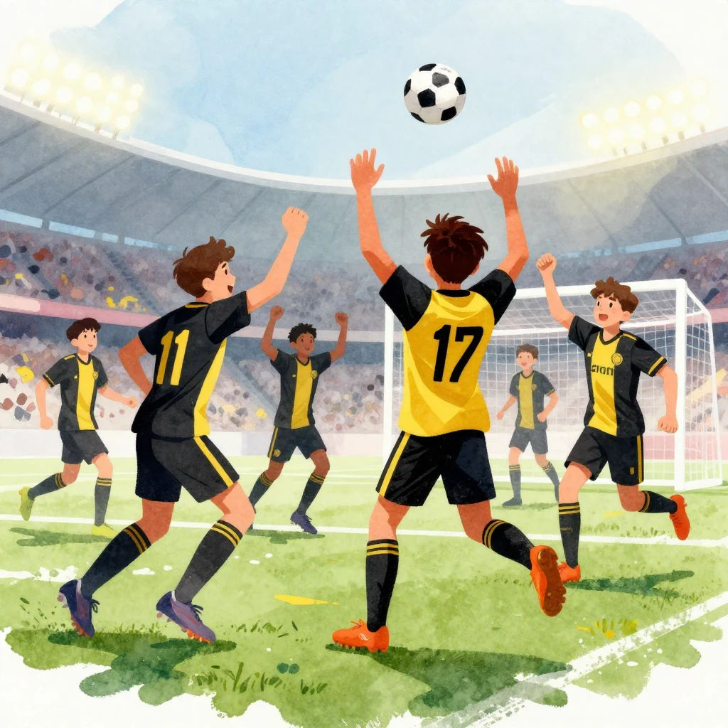 A dynamic watercolor illustration of a youth soccer team in ...