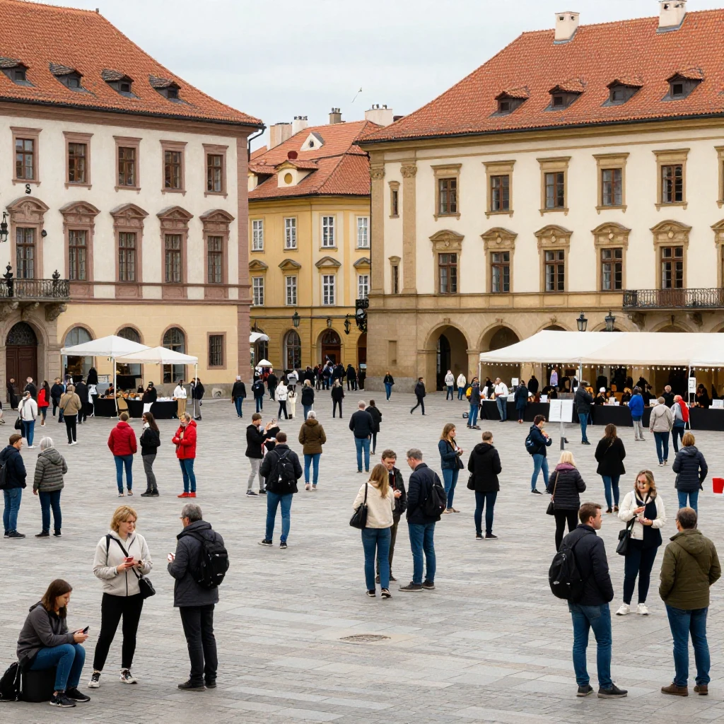 A bustling town square filled with a diverse crowd of people...