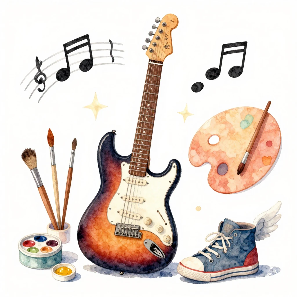 Whimsical watercolor still life of electric guitar, musical ...
