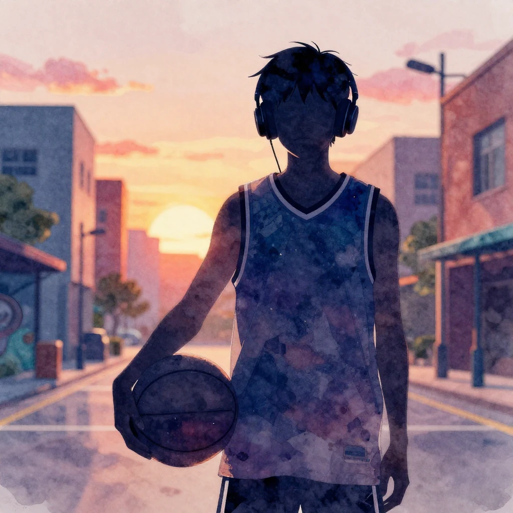 A watercolor silhouette of a teenager, holding a basketball,...