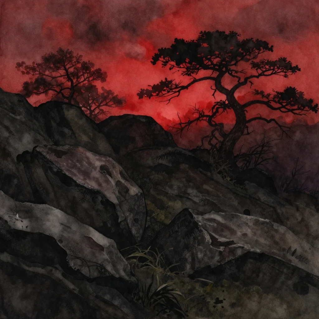 A gloomy landscape in watercolor style, with a heavy atmosph...