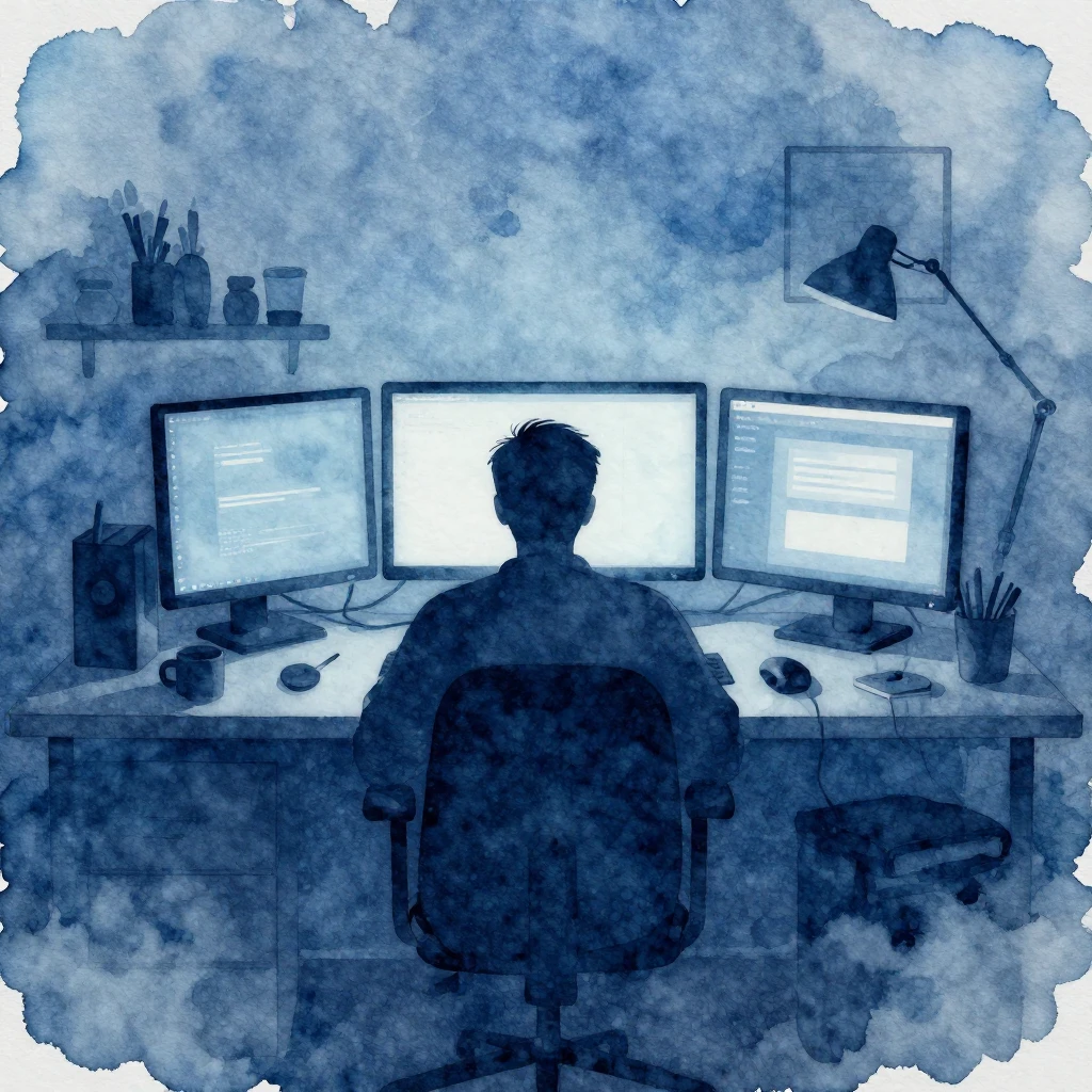 Watercolor style. A silhouette of a man sitting at a desk wi...