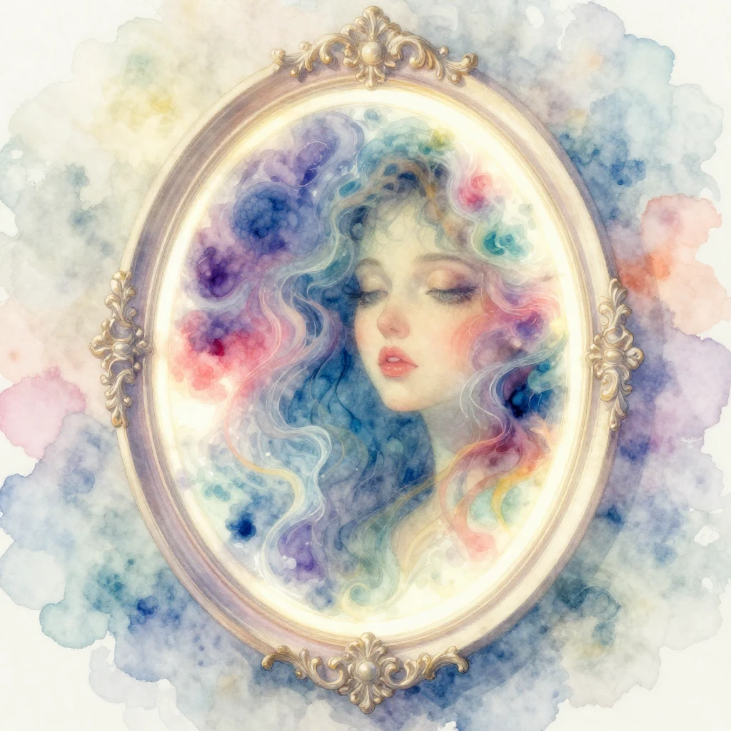 A magical, glowing mirror, rendered in vibrant watercolor, r...