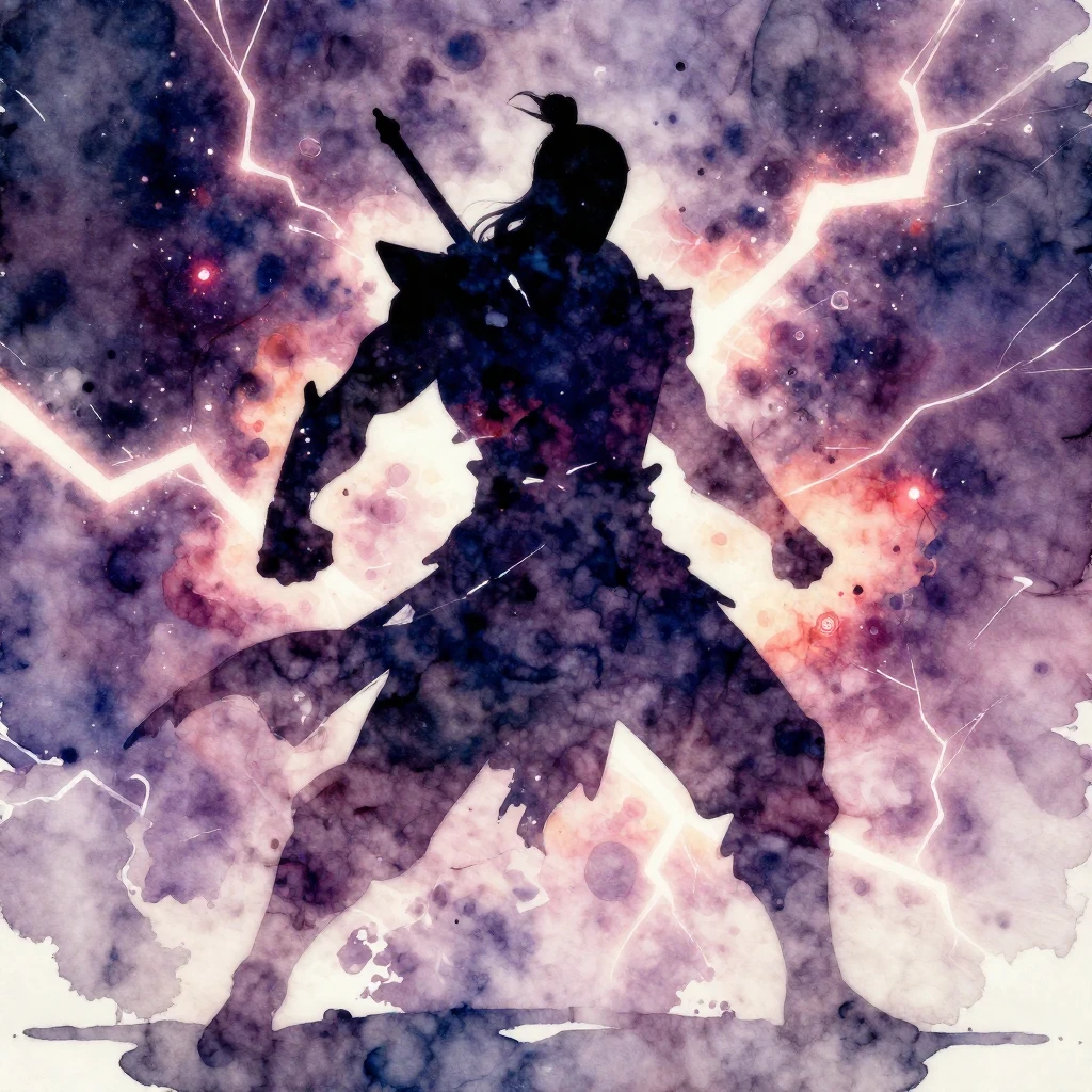 An abstract warrior silhouette, powerful and dynamic, surrou...