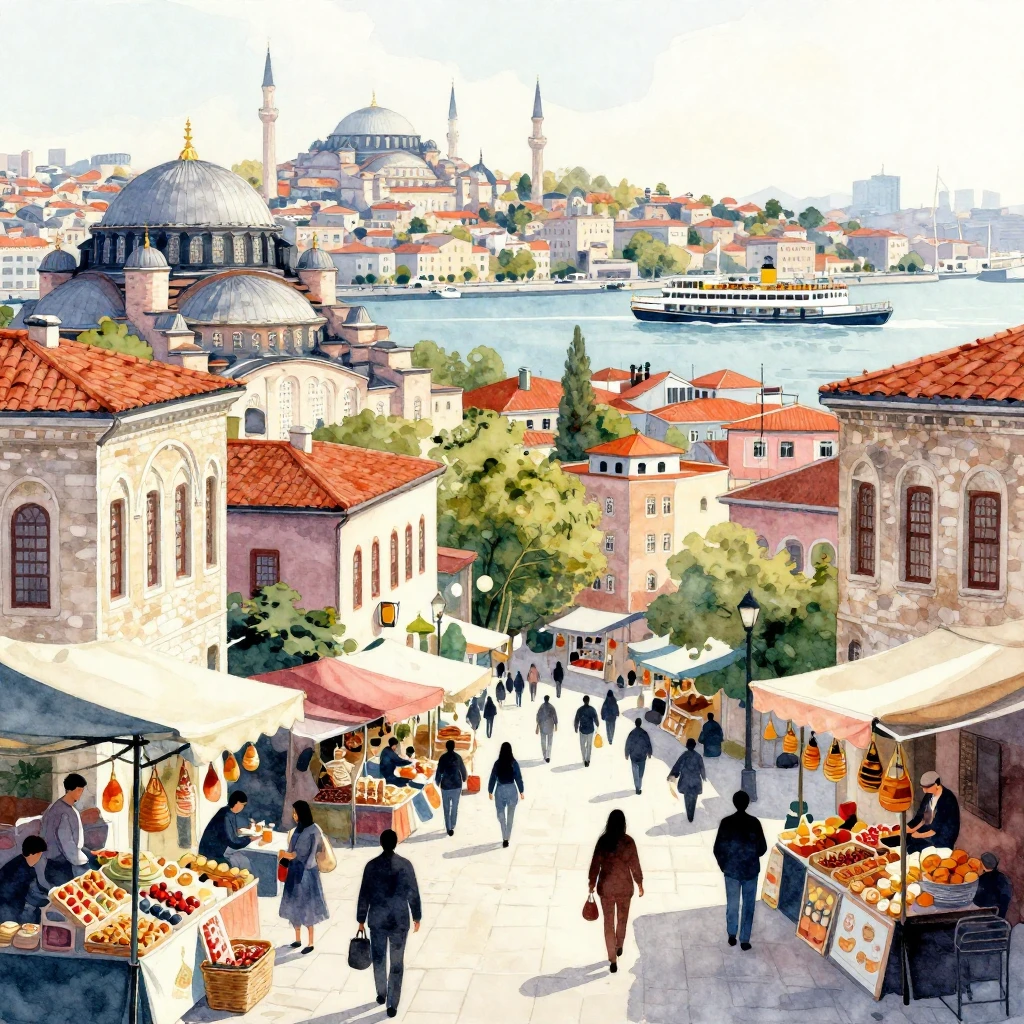 A vibrant watercolor illustration of a bustling city reminis...